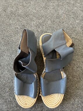Eileen Fisher Gun Metal Blue  Leather Wedge Sandals